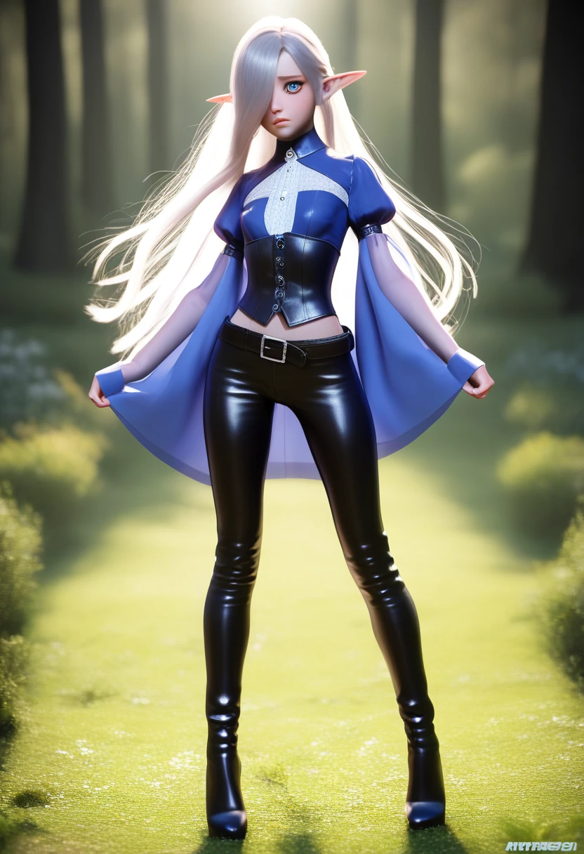 A detailed gnome girl with pale skin, short stature, and very long silver hair that curls at the ends, covering one eye, with small breasts, pouty lips, and bright blue anime-style eyes with long lashes, wearing a leather corset, white puffy-sleeved shirt, and puffy cloth pants, leather bound boots, set in a windy fantasy landscape, (best quality,4k,8k,highres,masterpiece:1.2),ultra-detailed, dungeons and dragons, long elf ears, small girl, detailed skin and cloth textures, beautiful detailed face, intricate details, extremely detailed, 1girl, dynamic pose with hair covering one eye, shy personality, pants with belt