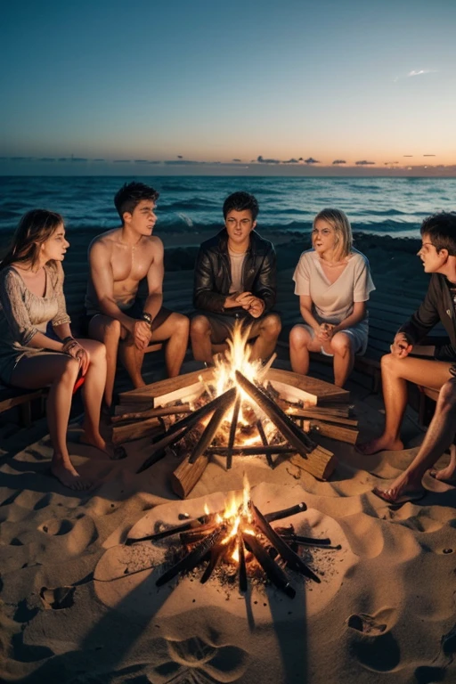 a group of friends on a beach in front of the bonfire. looking scared at the high seas.