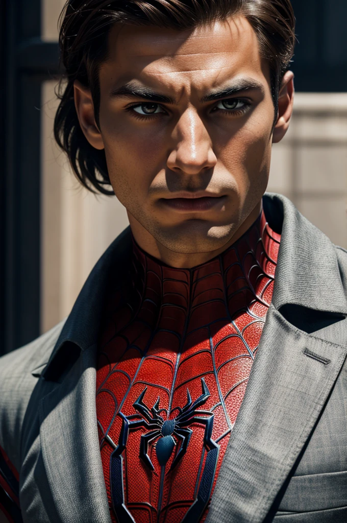 A photograph of Spider-Man., sin mascara, the 20s, elegant, detailed face, looking to the camera, portrait, 8k hd, high quality