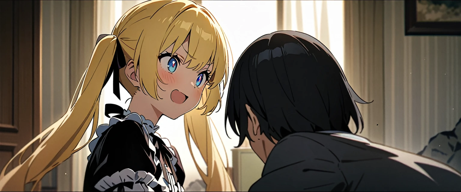 (((masterpiece,Highest quality))),((There is no one else but these two)),(((An anime woman in ta fashion with black hair in twin tails, glassy eyes and a desperate expression))),(((A blonde anime guy with a bad look and rock-style fashion))),((Two people are facing each other and arguing in the living room of a Western-style room.)),((Grim atmosphere)),Focus on people,(high quality),アニメ