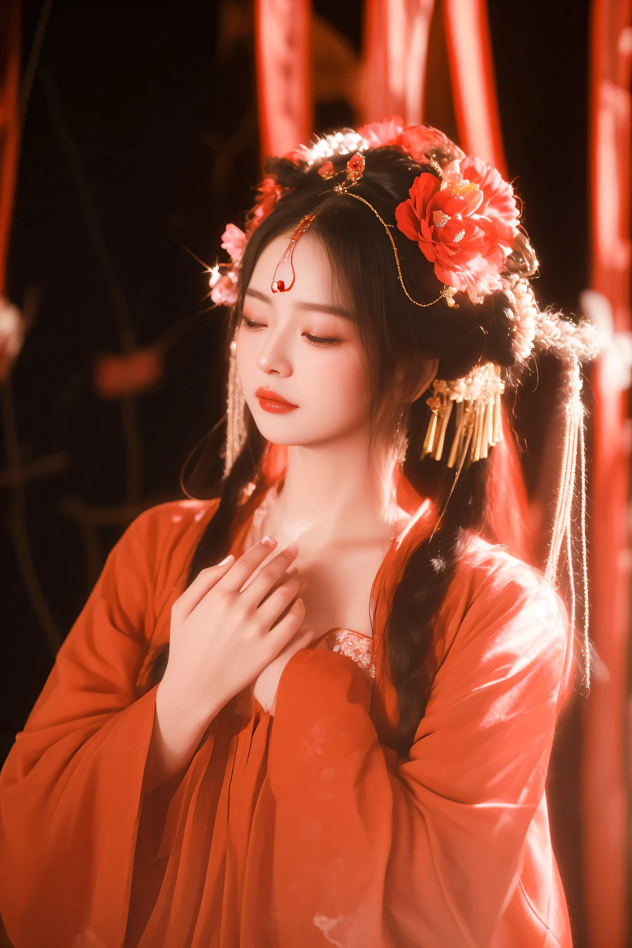 araffe woman in red dress with red flower in her hair, palace , a girl in hanfu, inspired by Lan Ying, wearing ancient chinese clothes, inspired by Huang Ji, a beautiful fantasy empress, inspired by Qiu Ying, hanfu, ancient chinese princess, inspired by Lü Ji, ((a beautiful fantasy empress)), guweiz, traditional beauty