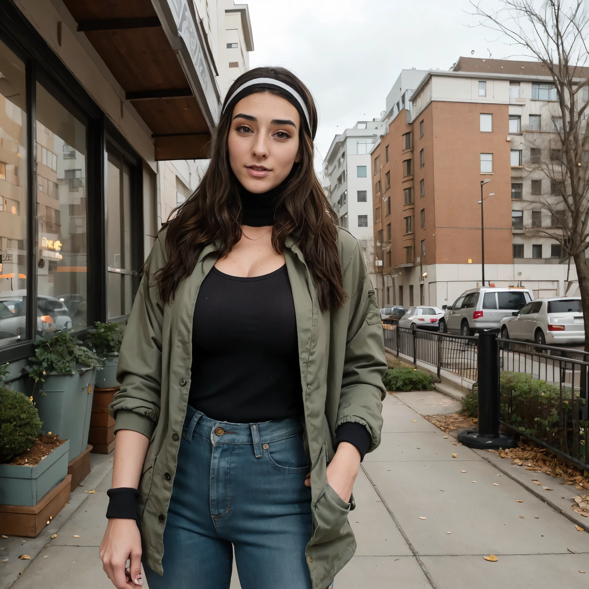 Extremely busty thin and toned brunette photographer, college girl, fair skin, loose side sweep, soft face, athletic, bandana babushka headwrap, tight olive green casual windbreaker, skinny jeans. standing in front of her apartment building, outdoors, city, camera bag, cleavage