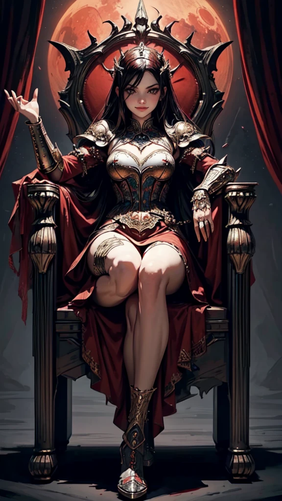 masterpiece, highly detailed, high quality, delicate bloody throne, huge red moon, 1girl, evil, playful, smile, dynamic angle, lying on throne, legs on armrest, mystical, fanatic, intricate, surreal, delicate, wearing armored gothic dress, cinematic lighting, detailed face, detailed hands , detailed eyes, full body
