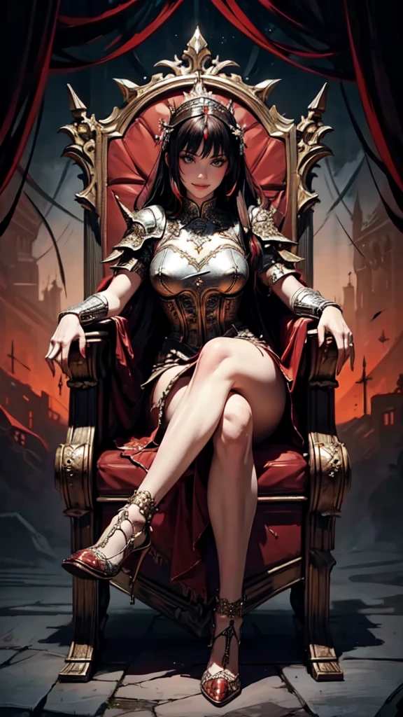 masterpiece, highly detailed, high quality, delicate bloody throne, huge red moon, 1girl, evil, playful, smile, dynamic angle, lying on throne, legs on armrest, mystical, fanatic, intricate, surreal, delicate, wearing armored gothic dress, cinematic lighting, detailed face, detailed hands , detailed eyes, full body