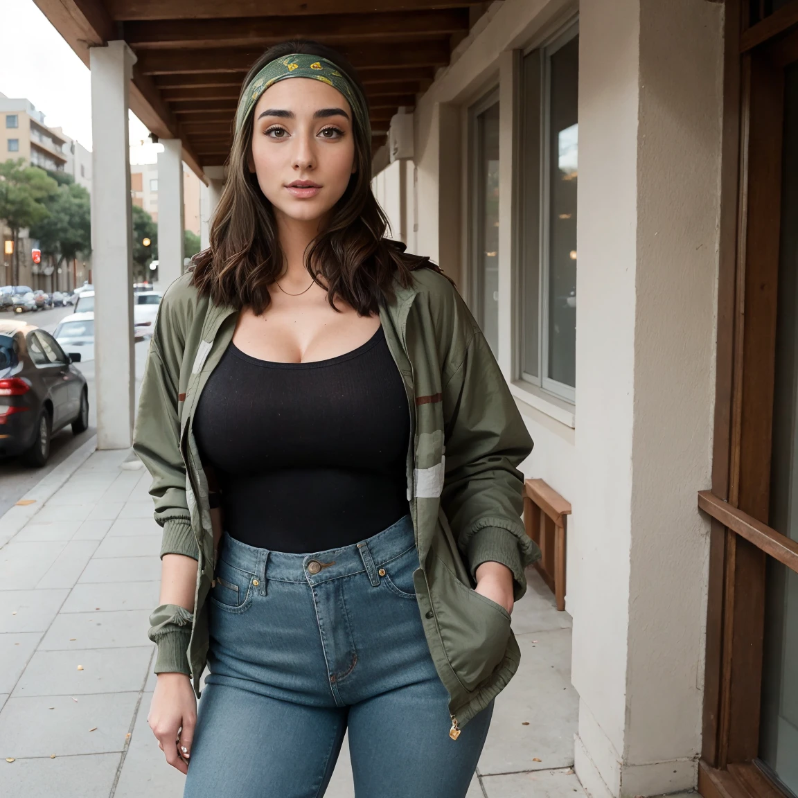 Extremely busty thin and toned brunette photographer, college girl, fair skin, loose side sweep, soft face, athletic, bandana babushka headwrap, tight olive green casual windbreaker, skinny jeans. standing in front of her apartment building, outdoors, city, camera bag, cleavage