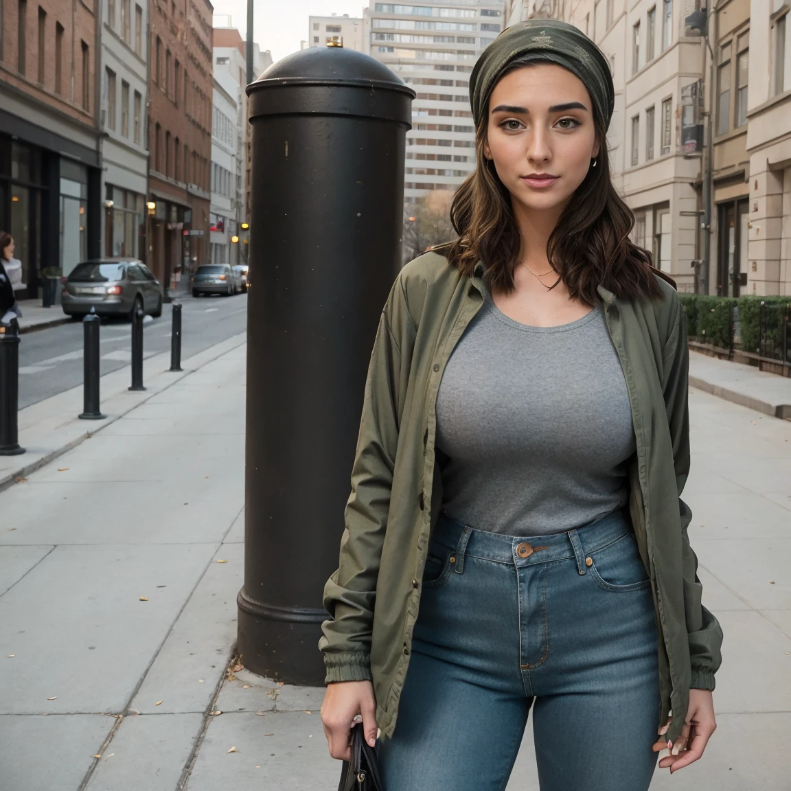 Extremely busty thin and toned brunette photographer, college girl, fair skin, loose side sweep, soft face, athletic, bandana babushka headwrap, tight olive green casual windbreaker, skinny jeans. standing in front of her apartment building, outdoors, city, camera bag, cleavage 