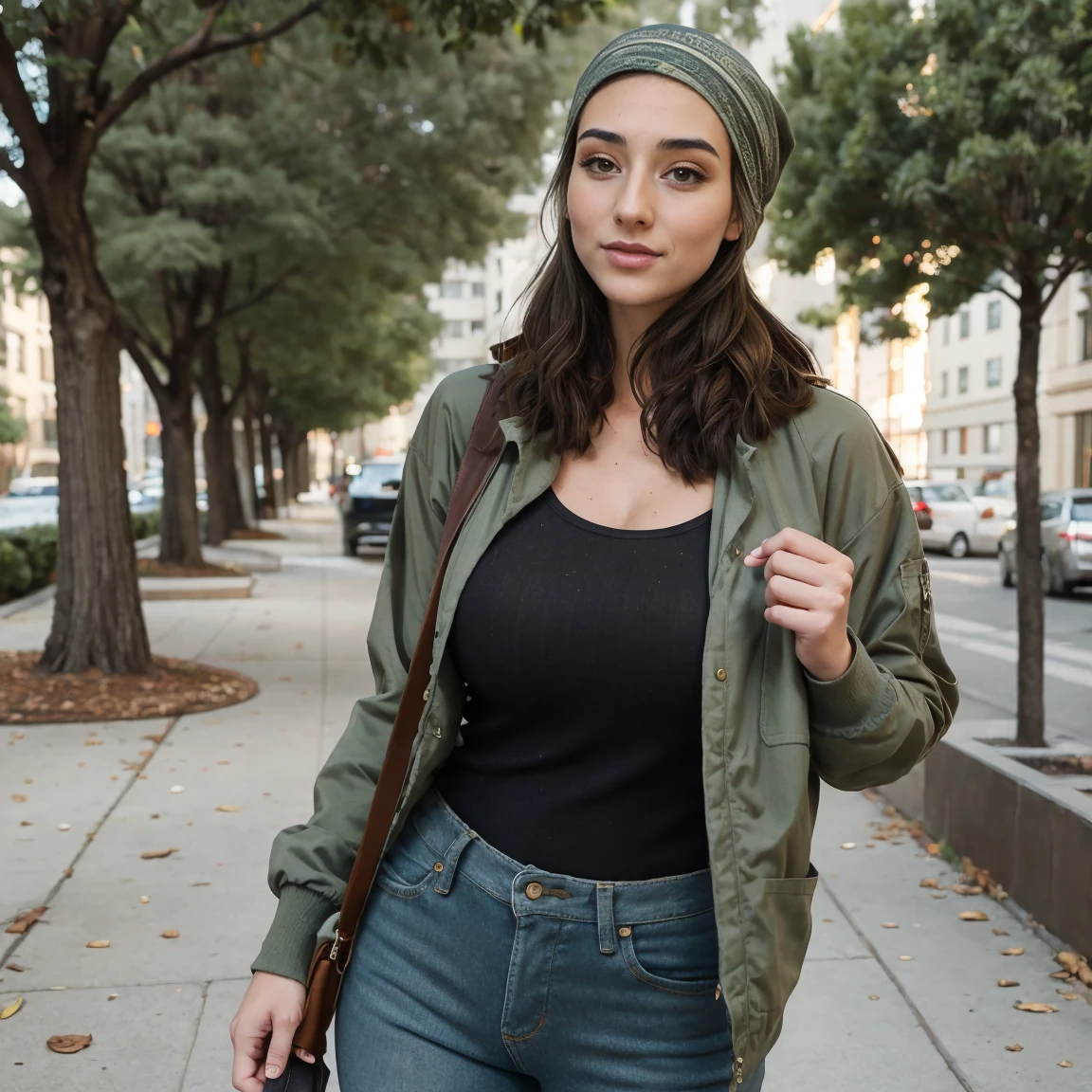 Extremely busty thin and toned brunette photographer, college girl, fair skin, loose side sweep, soft face, athletic, bandana babushka headwrap, tight olive green casual windbreaker, skinny jeans. standing in front of her apartment building, outdoors, city, camera bag, cleavage