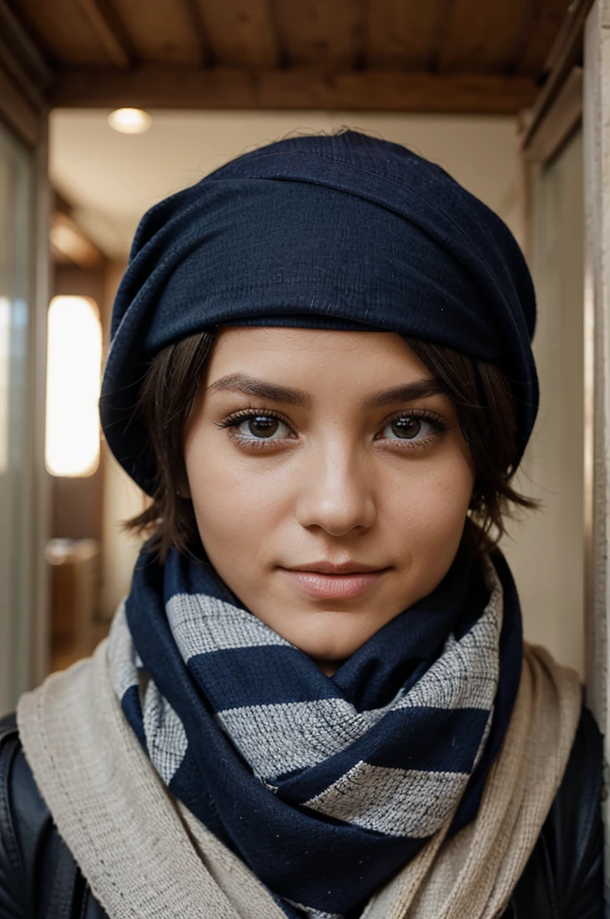 A woman with short hair faces forward with her eyes covered by a bandana/scarf