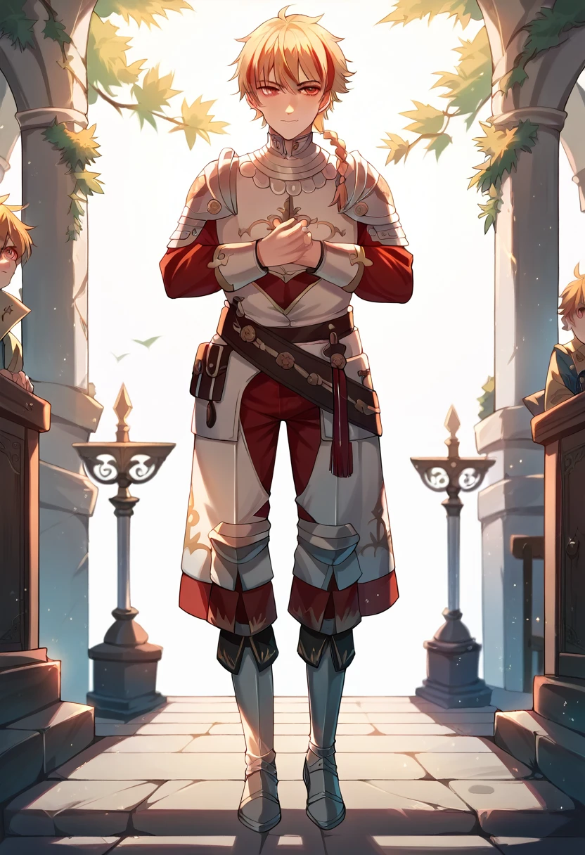 best quality, masterpiece, anime boy , young boy, 24 years old,  1boy, , short hair, beautiful face, perfect shot, perfect anatomy, medieval, white background, full body, solo boy, 4k, high resolution , detailed face, detailed eyes, red eyes, standing, single braid, tall boy, first person view