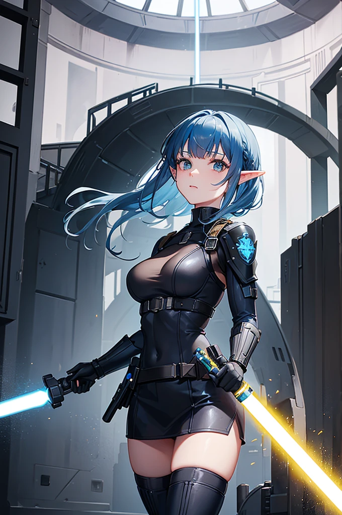 Create a high-quality image featuring an elf girl with dark navy-blue hair and straight-cut bangs. She is a member of a special forces police unit, holding a lightsaber. The background should feature a city inside a dome, with a black armored vehicle beside her.