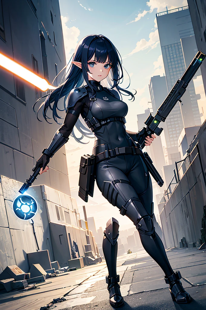 Create a high-quality image featuring an elf girl with dark navy-blue hair and straight-cut bangs. She is a member of a special forces police unit, holding a lightsaber. The background should feature a city inside a dome, with a black armored vehicle beside her.