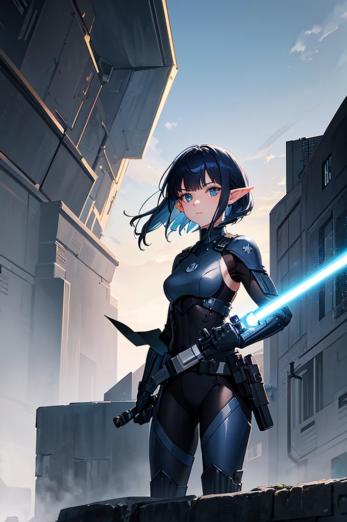 Create a high-quality image featuring an elf girl with dark navy-blue hair and straight-cut bangs. She is a member of a special forces police unit, holding a lightsaber. The background should feature a city inside a dome, with a black armored vehicle beside her.