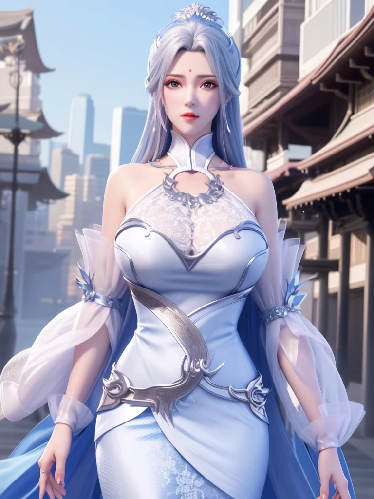 1girl, mature female,long dress, cityscape, looking at viewer, detached sleeves, hair ornament,forehead mark,cowboy shot,high ponytail, metal trim,bra,see-through, Big breasts, white eyes, light blue hair, sexy geshin impactet clothes