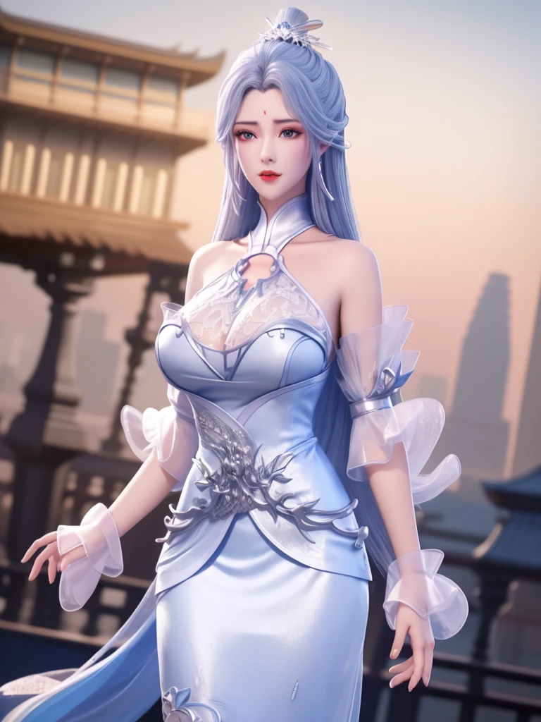 1girl, mature female,long dress, cityscape, looking at viewer, detached sleeves, hair ornament,forehead mark,cowboy shot,high ponytail, metal trim,bra,see-through, Big breasts, white eyes, light blue hair, sexy geshin impactet clothes