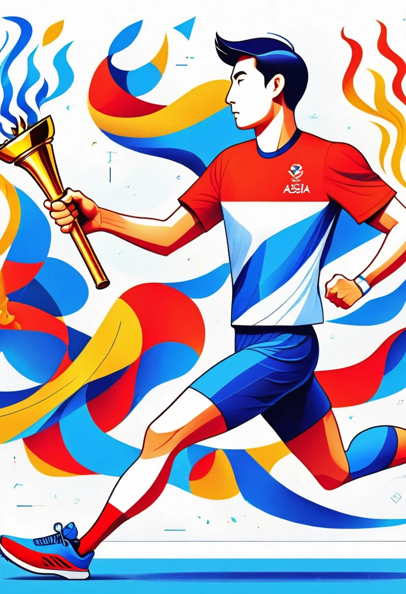 1 person, sock, sports shoes, Red shorts, Blue shirt,holding a torch，Olympic torch,geometry, Art, beautiful, rich and colorful, masterpiece, Top quality, best quality, official Art, beautiful and aesthetic, running, running track, track and field, bloom, track, Race, Asia, whole body.