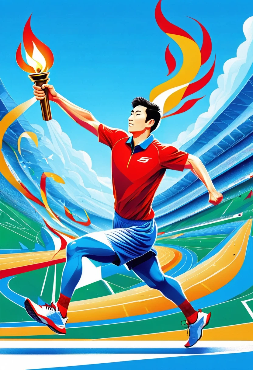 1 person, sock, sports shoes, Red shorts, Blue shirt,holding a torch，Olympic torch,geometry, Art, beautiful, rich and colorful, masterpiece, Top quality, best quality, official Art, beautiful and aesthetic, running, running track, track and field, bloom, track, Race, Asia, whole body.