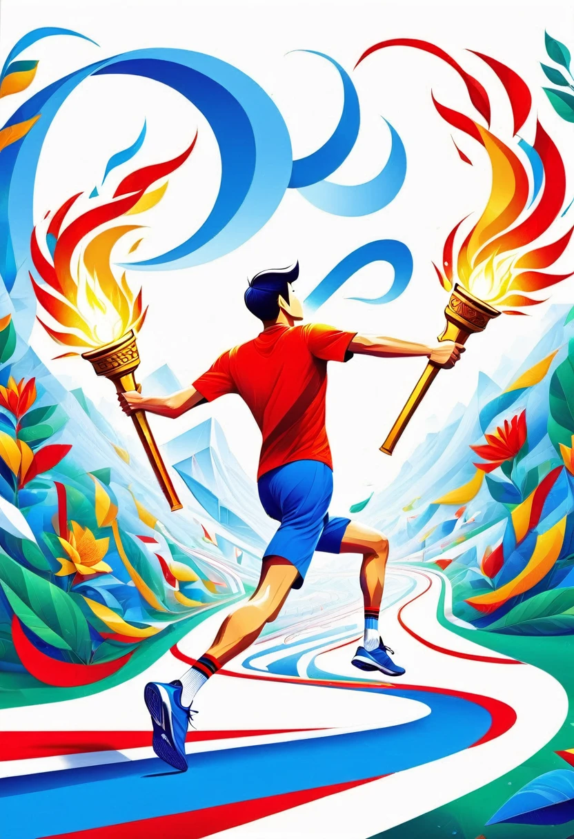1 person, sock, sports shoes, Red shorts, Blue shirt,holding a torch，Olympic torch,geometry, Art, beautiful, rich and colorful, masterpiece, Top quality, best quality, official Art, beautiful and aesthetic, running, running track, track and field, bloom, track, Race, Asia, whole body.