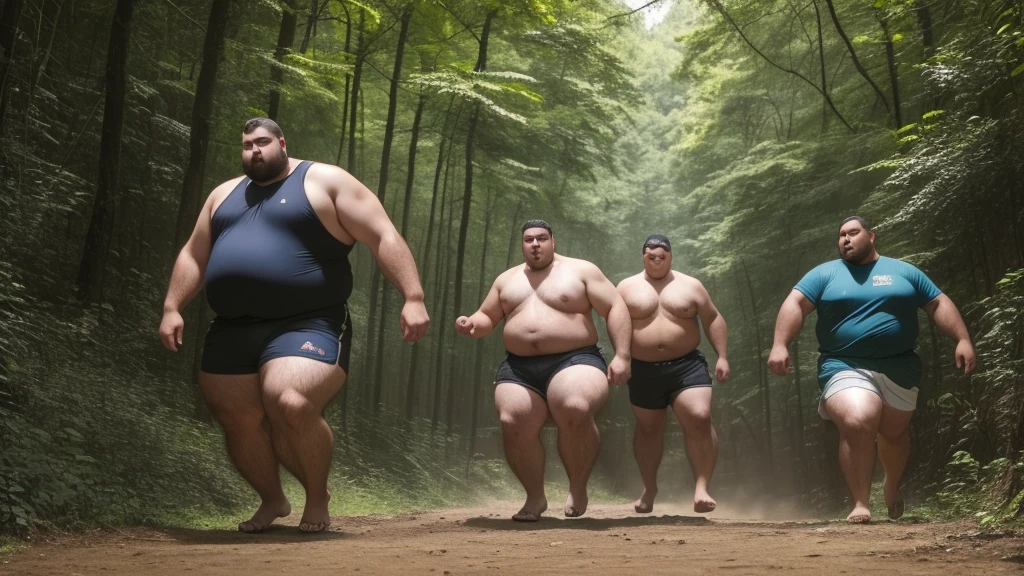 A scene where two extremely obese men fight in a secluded forest wearing only tight shorts and bare feet.. These men are of similar height and weight., They have very thick thighs and forearms., His stomach is so bulging that it is difficult to walk.. They&#39;re fighting, pointing their fists at each other, Capturing the moment they hit each other in the face at the same time 