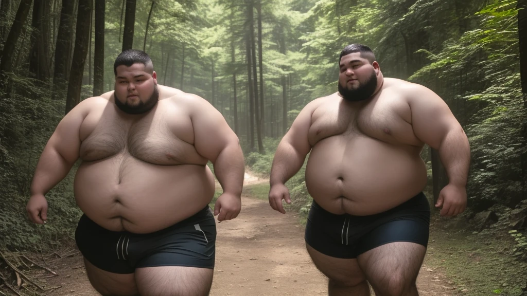 A scene where two extremely obese men fight in a secluded forest wearing only tight shorts and bare feet.. These men are of similar height and weight., They have very thick thighs and forearms., His stomach is so bulging that it is difficult to walk.. They're fighting, pointing their fists at each other, Capturing the moment they hit each other in the face at the same time