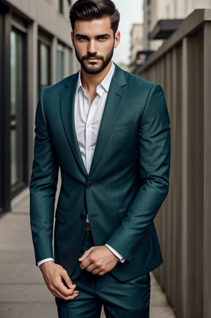 Handsome Guy who has dark green eyes, dark short buzz cut hair, short black beard, about 20 years old and he has blue suit on him and he is masculine and he is rich and has model face