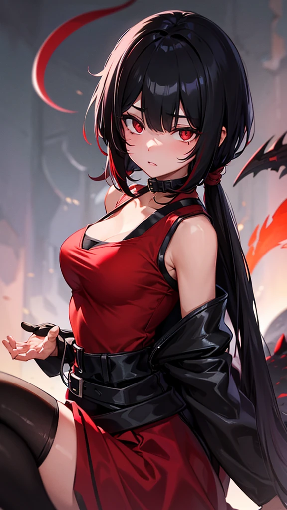 Half face of a black haired Girl with red lizard eyes