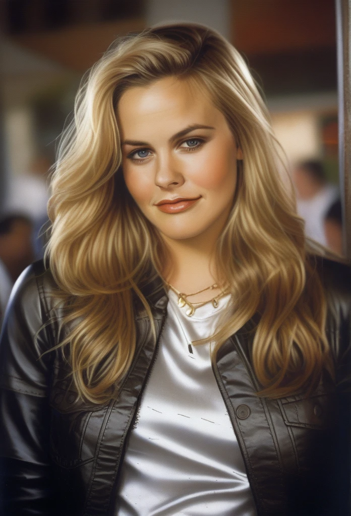 (AliciaSilverstone) blonde hair,(art by Tim Okamura:1.0) , photograph, Luminous thick Girl, wearing silver satin shirt, Cel shading,film grain, film camera, F/14, K