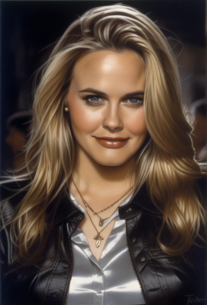 (AliciaSilverstone) blonde hair,(art by Tim Okamura:1.0) , photograph, Luminous thick Girl, wearing silver satin shirt, Cel shading,film grain, film camera, F/14, K