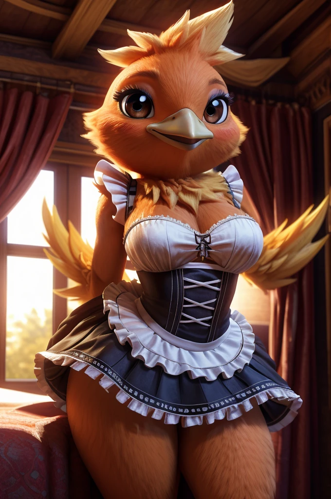 Female,Bird,Torchic background, (cinematic lighting:1.1), (perfect focus:1.1), 8k hd, (detailed eyes:1.2),depth of field, bokeh, subsurface scattering, perfect breasts, wide ,((Traditional maid clothing with short skirt showing sexy thighs  , posing sexy)),bright colors, (furry detail:1.3),detailed background, realistic, photorealistic, ultra realistic,in his room with a large bed and many decorations ,realistic, photorealistic ,blushing mischievous smile ,(fluffy:1.3), furry, buff, (realistic fur:1.1), (extreme fur detail:1.2),((light orange fur)),(Black pupil, brown eyes,pixar style eyes)Torchic Tail, 3d pixar legs,sexy body.