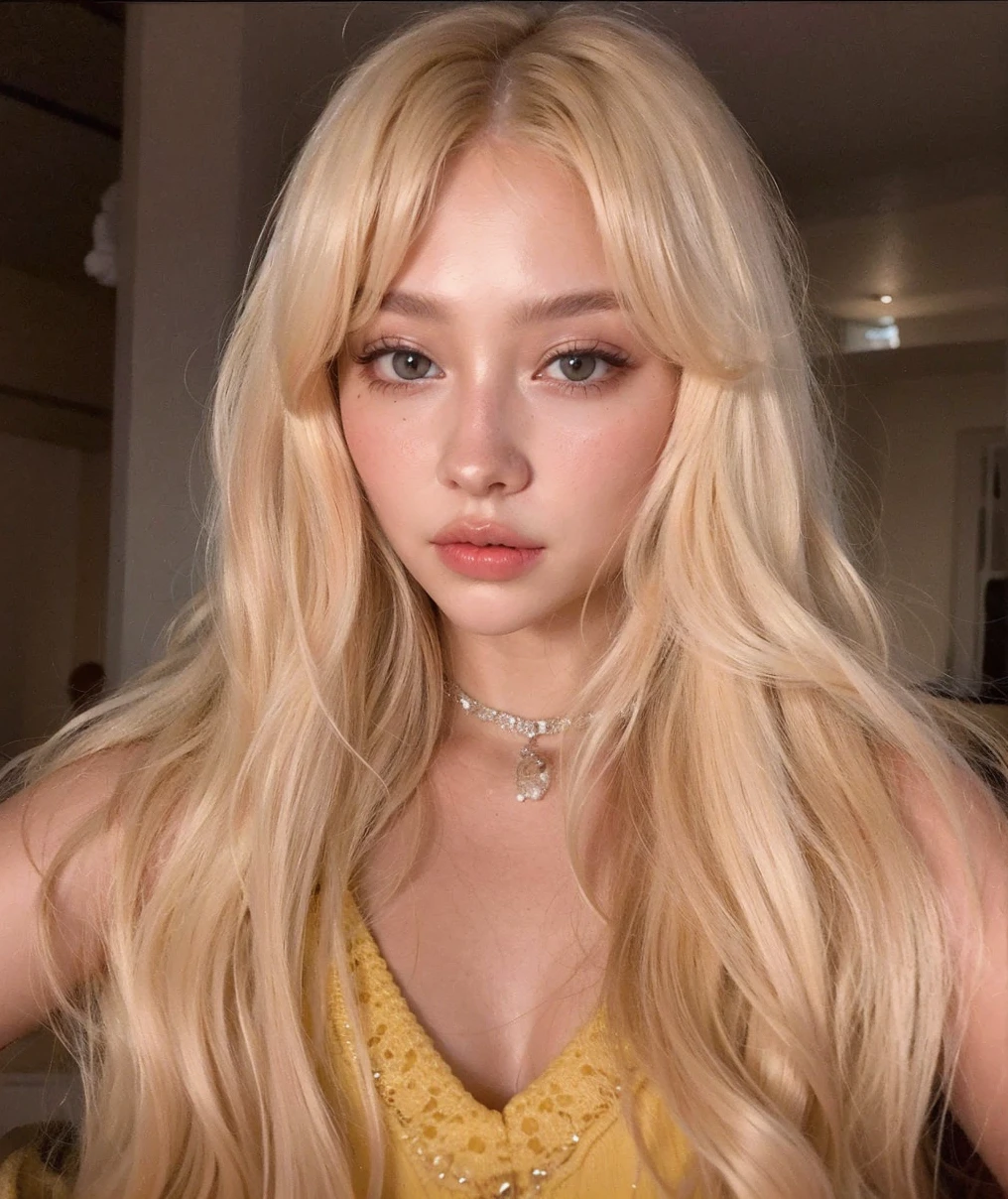 blonde woman with long hair and white dress posing for a photo, A girl with blonde hair, with long blonde hair, linda mulher sul-korean, parque roseanne de blackpink, long blonde hair and big eyes, white hime cut hairstyle, fair skin curly blonde hair, with white long hair, Linda jovem korean,  korean, Heonhwa Choe