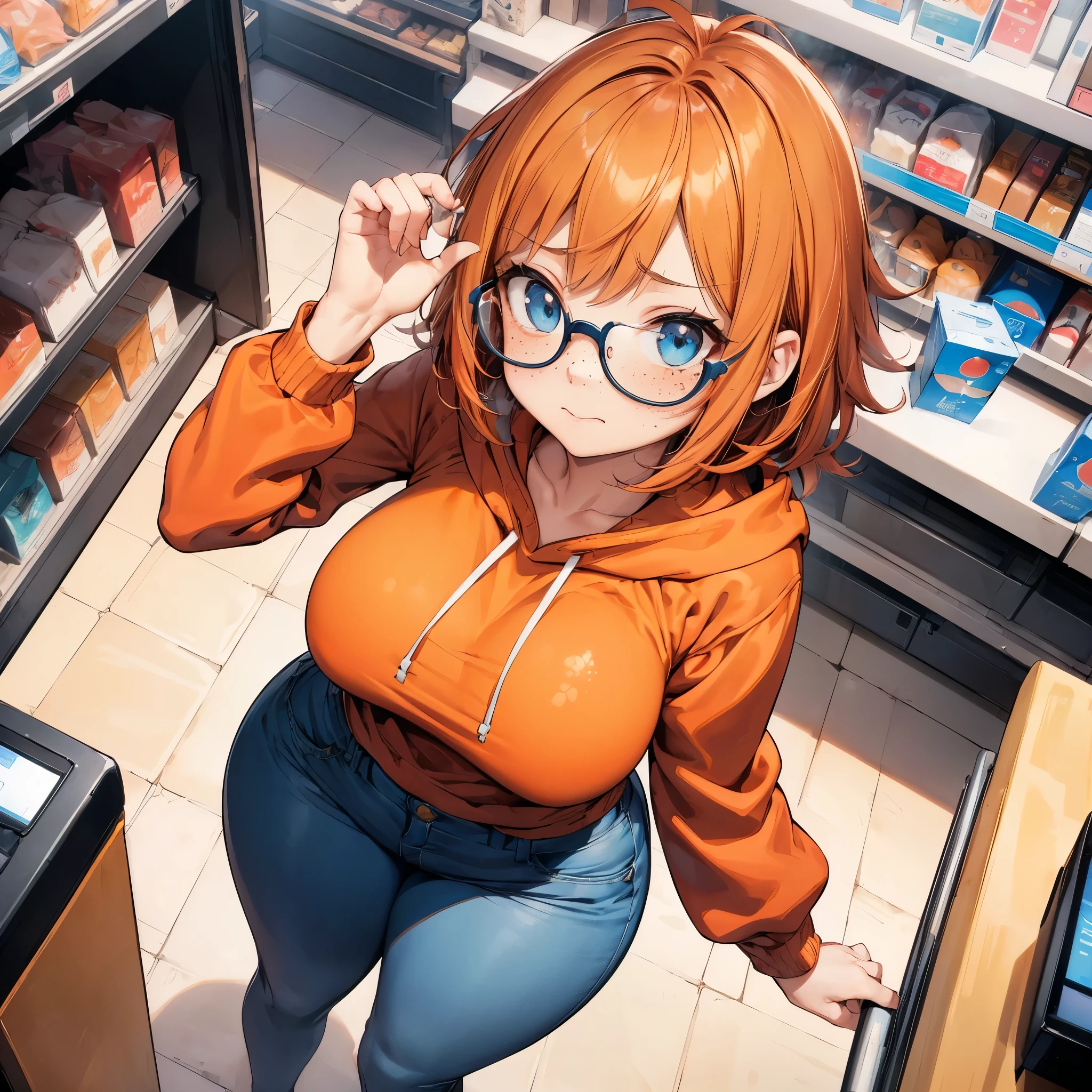 Solo, 1Female, (Short Fluffy Messy and Unruly Hair, Bobcut with Long Sideburns, Red/Orange Hair Colour, Black Streaks in Hair), Blue Eyes, Cute Face, ((Freckles on Cheeks)), Average Breasts, Wide Hips, Thick Thighs, Curvy Figure, Reddish-Orange Hoodie, Tight Blue Jeans, ((Thin Cute Glasses)), Shy Timid Expression, Slight Frown, Soft Blush, Timid Pose, ((Standing in Convenience Store In Front of Cashier Desk, From Above POV)), (Masterpiece, 4K Quality, Perfect Anatomy, Perfect Hands), 