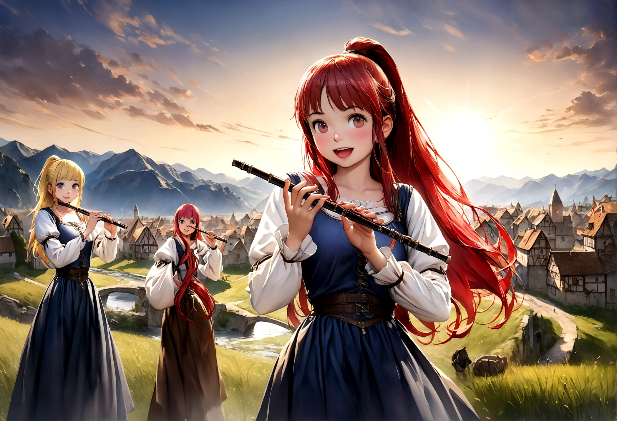 (((Top quality, 4k, 8k, high resolution, masterpiece: 1.2))), (super detailed), (realistic), (photorealistic), (photorealistic: 1.37), (HDR, UHD), (studio (lighting)), ultra-fine drawing, sharp focus, physically based rendering, highly detailed, professional, vibrant colors, perfect ditaile hand, highly detailed realistic eyes, girl, one girl, multiple girls, A lot of girls,  smile, open mouth, close mouth, short hair, medium hair, medium length, long hair, ponytail, red hair, blue hair, blonde hair, green hair, pink hair, medieval European clothing, Citizen's Clothing from Medieval Europe, miniskirt, mid-length skirt, long skirt, chinos pants, (((playing the flute))), (((playing the drums))), Medieval European town, Countryside, Medieval European rural village, Rural grassland, Mountain view, Rural river, Irrigation canal, anime, cartoon, kawaii, qute, (((Long shot, Panorama, Distant view, Vast landscape))), knees, feet,  looking at viewer, 