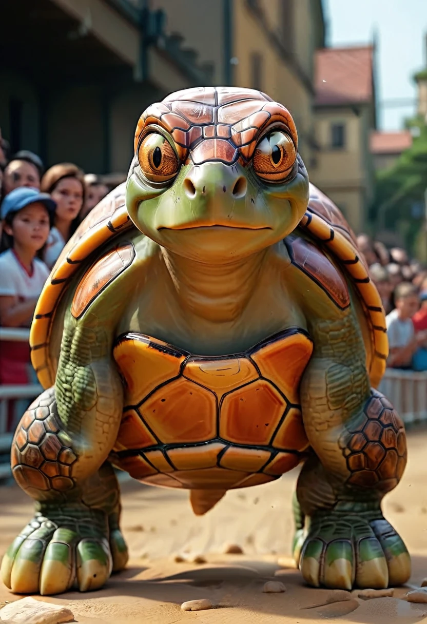 a close up shot on a ((anthmorph turtle: 1.5)) sprinter in a running lane getting ready to sprint in the Olympics, tense look, getting ready to sprint, ((anthmorph turtle: 1.5)) (best detailed face: 1.3), lean muscled body, sweat beads on forehead, (wearing athletic shirt, pants and sneakers: 1.2), (anatomically correct: 1.4), (full body shot: 1.1) , vibrant, Ultra-high resolution, High Contrast, (masterpiece:1.5), highest quality, Best aesthetics), best details, best quality, highres, ultra wide angle, 16k, [ultra detailed], masterpiece, best quality, (extremely detailed), Cinematic Hollywood Film, Anthro... woman