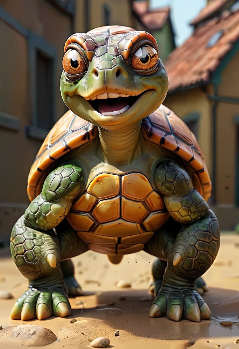 a close up shot on a ((anthmorph turtle: 1.5)) sprinter in a running lane getting ready to sprint in the Olympics, tense look, getting ready to sprint, ((anthmorph turtle: 1.5)) (best detailed face: 1.3), lean muscled body, sweat beads on forehead, (wearing athletic shirt, pants and sneakers: 1.2), (anatomically correct: 1.4), (full body shot: 1.1) , vibrant, Ultra-high resolution, High Contrast, (masterpiece:1.5), highest quality, Best aesthetics), best details, best quality, highres, ultra wide angle, 16k, [ultra detailed], masterpiece, best quality, (extremely detailed), Cinematic Hollywood Film, Anthro... woman