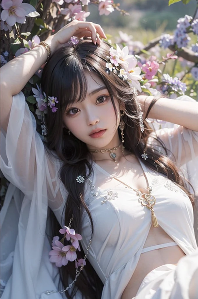 Beautiful Japanese waifu, early 30s, brunette hair, fantasy xianxia silky dress in white with a lot of jewelry decorations, cropped top, lying in wild flowers field