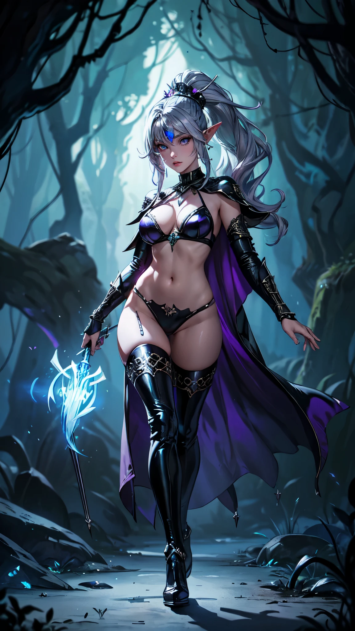 ((masterpiece, best quality)), (extremely detailed CG unity 8k wallpaper), realistic style, solo, ((female)), dark elf, sorceress, long pointy ears, charcoal grey/eggplant purple colored skin, very long hair, silvery-white hair, ponytail, red irises, eye whites, well defined eyes, upturn eyes, upturn brows, large breasts, cleavage, midriff, athletic build, Attire: Gothic/Tribal style, iridescent chrome tiara/headdress, iridescent chrome gorget, iridescent chrome pauldrons, Metallic Purple colored sheer silk bikini top, Metallic Purple colored sheer silk double side split dress bottom, Metallic Purple colored cape, mid-thigh high black leather and iridescent chrome boots, Area setting: fantasy style, a vast underground cavern, skyless, bioluminescent mushrooms/moss, dark elf city of exotic architecture, subject is walking confidently, carrying an exotic magical wand/magical staff, looking straight ahead, (full body view), Dynamic Pose, Viewer POV: Front, / front right flank,/ front left flank, Low lighting, ambient, soft glow, underground.detailed face, detailed hands , detailed eyes, full body
