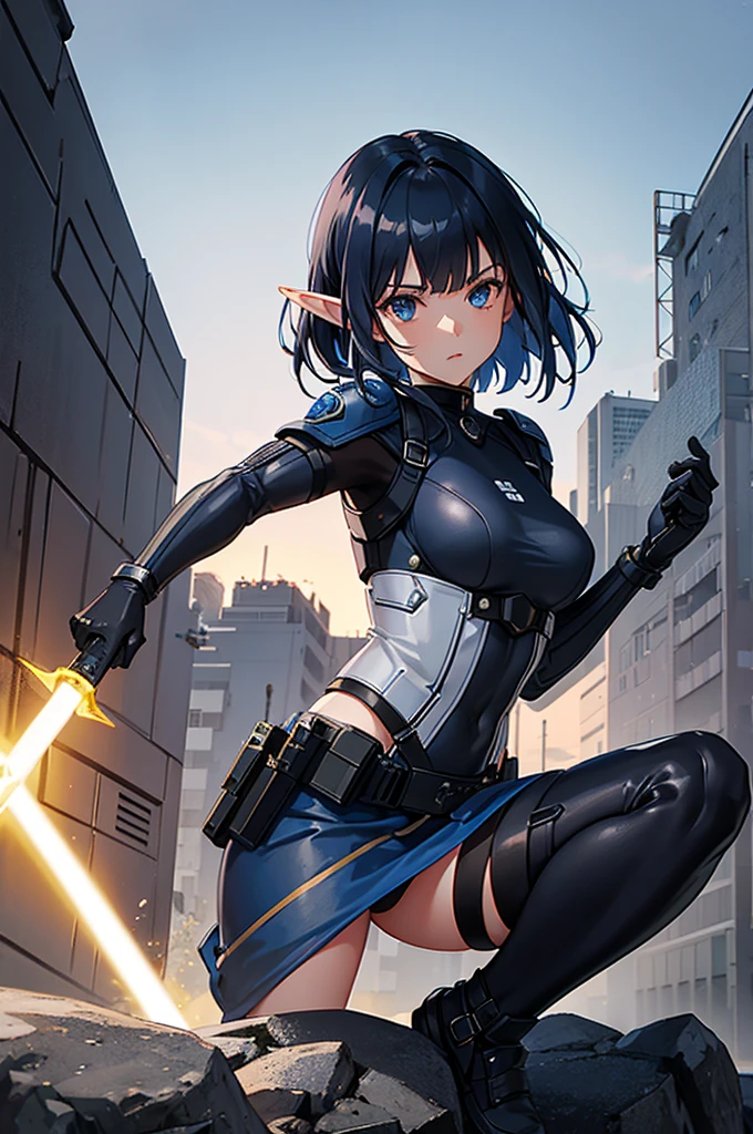 Create a high-quality image featuring an elf girl with dark navy-blue hair and straight-cut bangs. She is a member of a special forces police unit, holding a lightsaber. The background should feature a city inside a dome, with a black armored vehicle beside her.