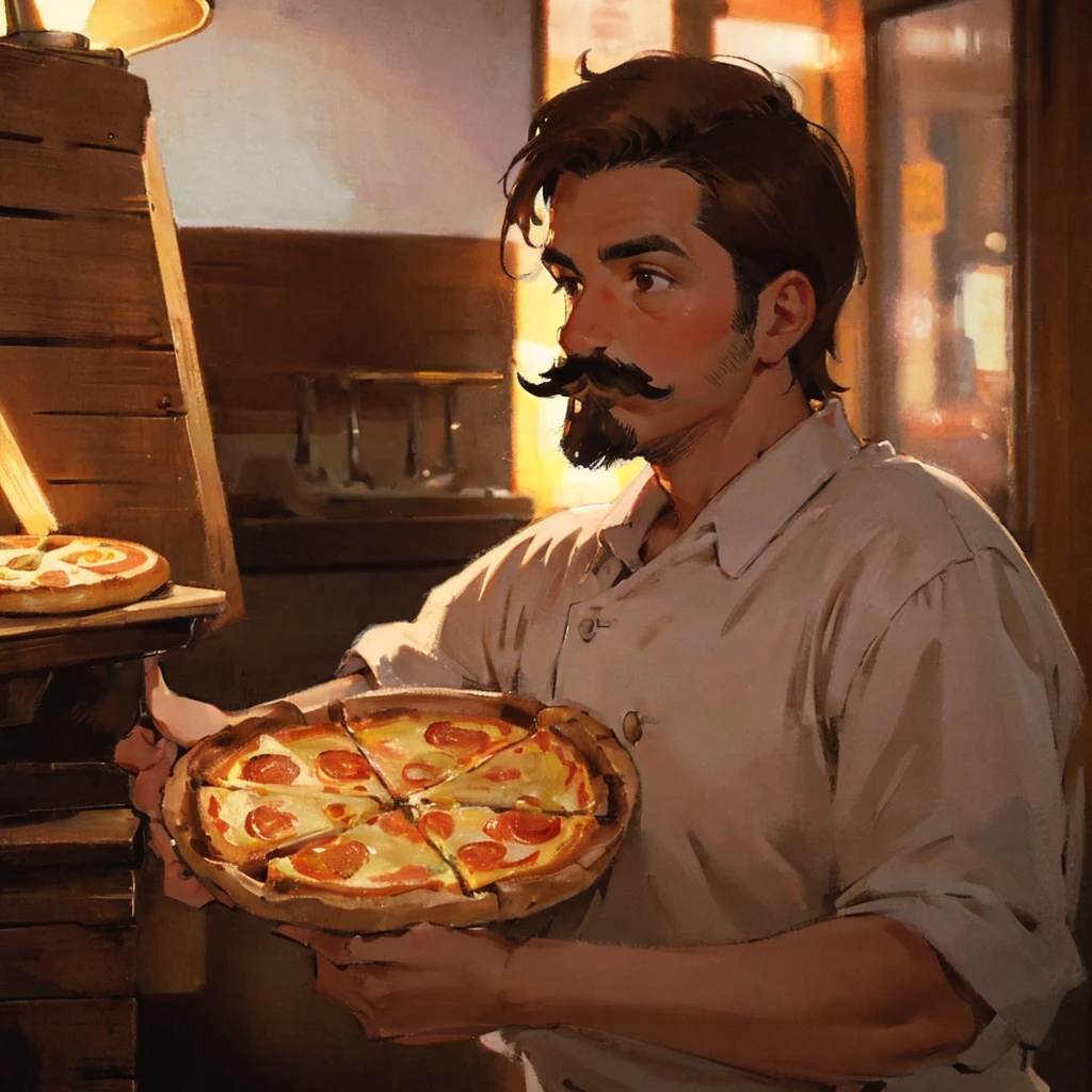 close up shot of 1guy, 30 years old, pizzaiolo, short brown hair, moustache, cinematic shot, beautiful lighting, masterpiece.