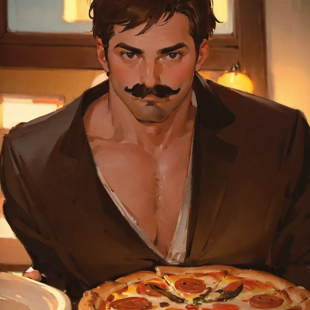 close up shot of 1guy, 30 years old, pizzaiolo, short brown hair, moustache, cinematic shot, beautiful lighting, masterpiece.