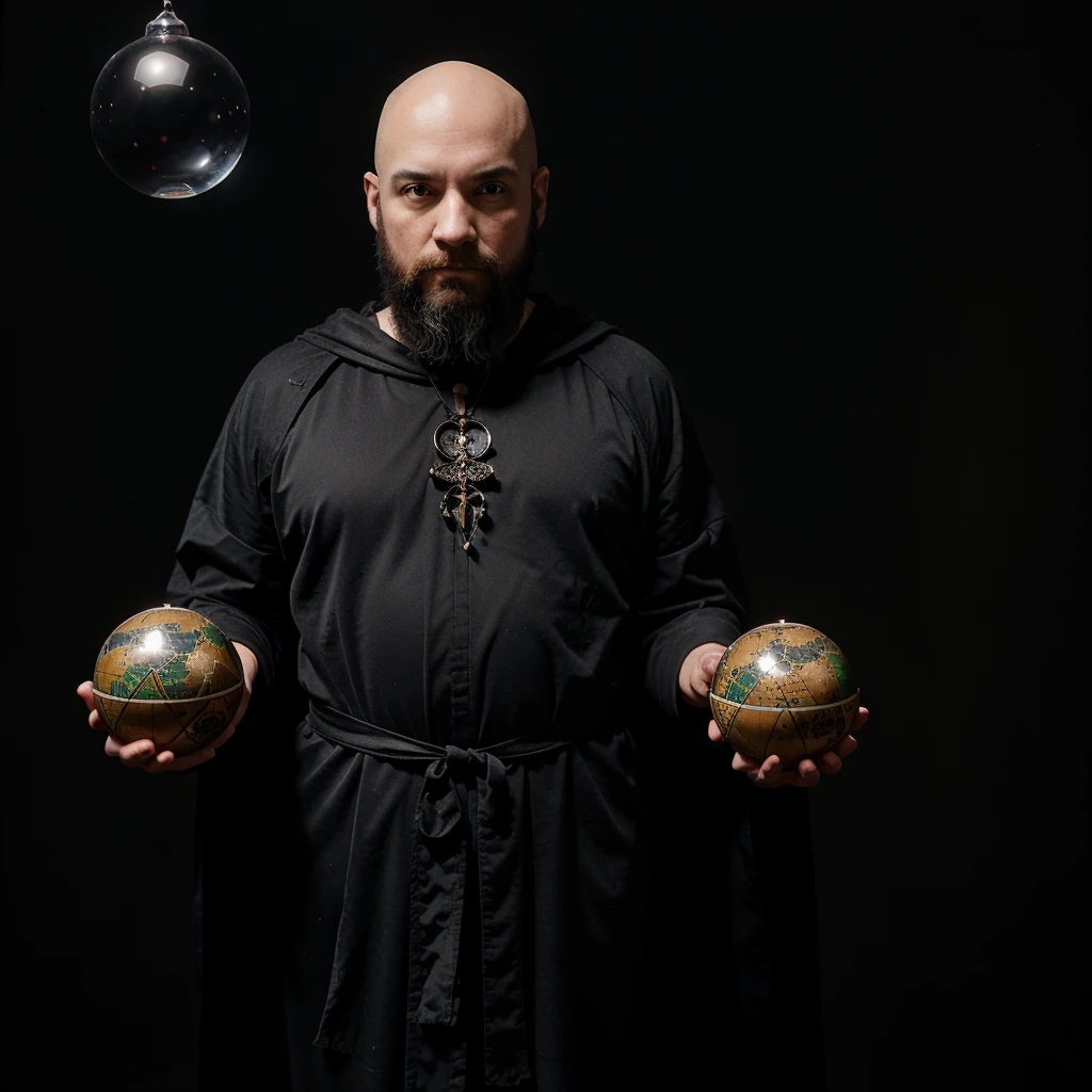 Bald man in his 30s with thick, outlined beard.Latin American, extremely pale. He wears a black robe and holds a transparent crystal ball.. Photo studio, black background, clear, ralist, mystical, Mysterious