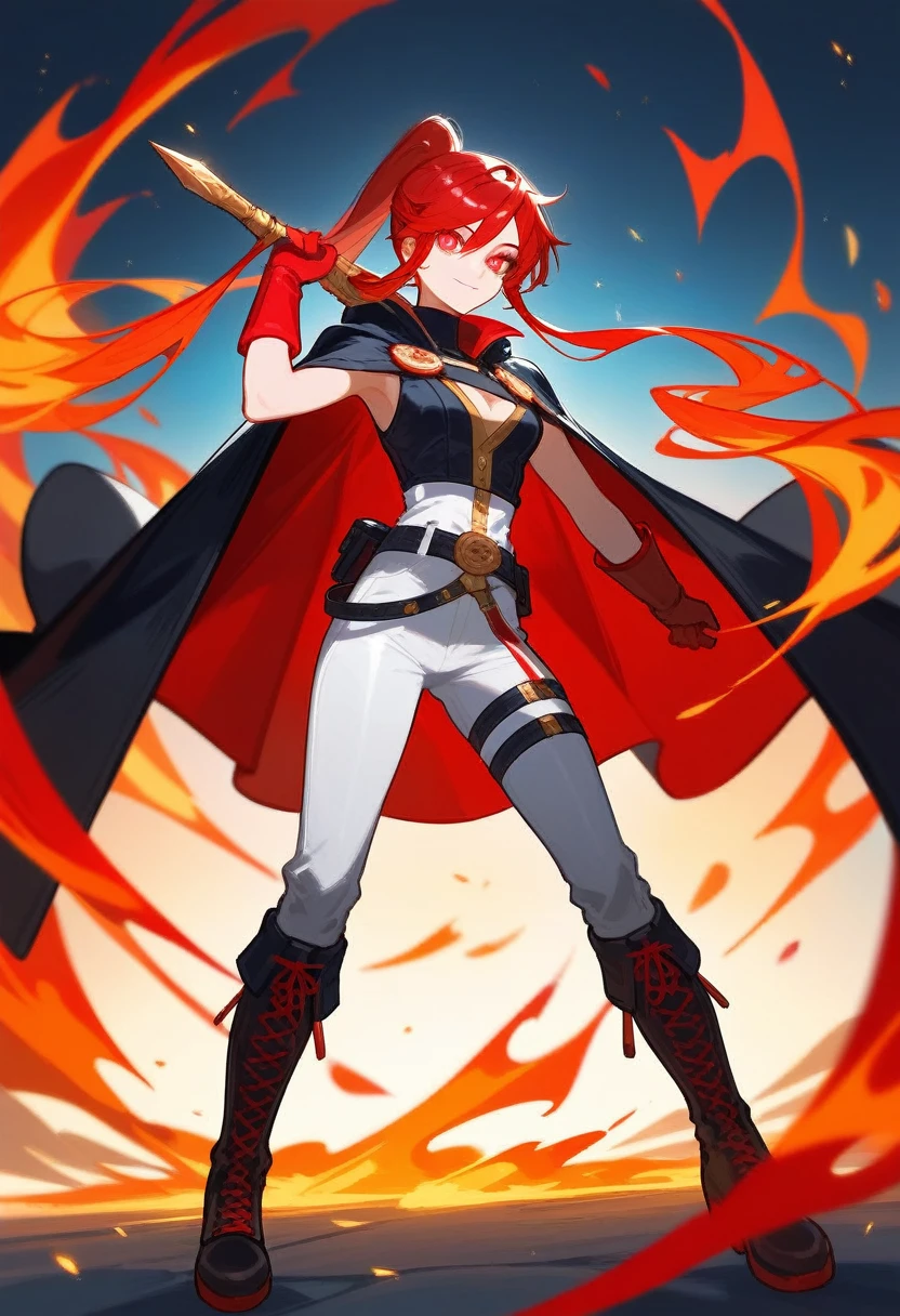 Woman, 
Red eyes,
Flame-shaped pupils with a flickering inner light.
Red gradient hair fading to golden tips, tied in a sleek ponytail with two loose locks framing her face.
Chest Adornment : A stack of white feathers.
Top : Fitted, complements athletic build.
Waist : A belt accentuating her figure.
Tight white pants.
Black leg rings.
Long black boots.
Black and red gloves.
Cloak : Red with golden edges.

Personality and Background :

Confident, bold, and fiercely independent.
Leader with a compassionate heart and a deep sense of justice and spirit of a fighter
From a lineage of warriors, trained in combat and strategy.
Possesses fire manipulation abilities.
Motivated to protect her homeland and uphold her family's legacy.