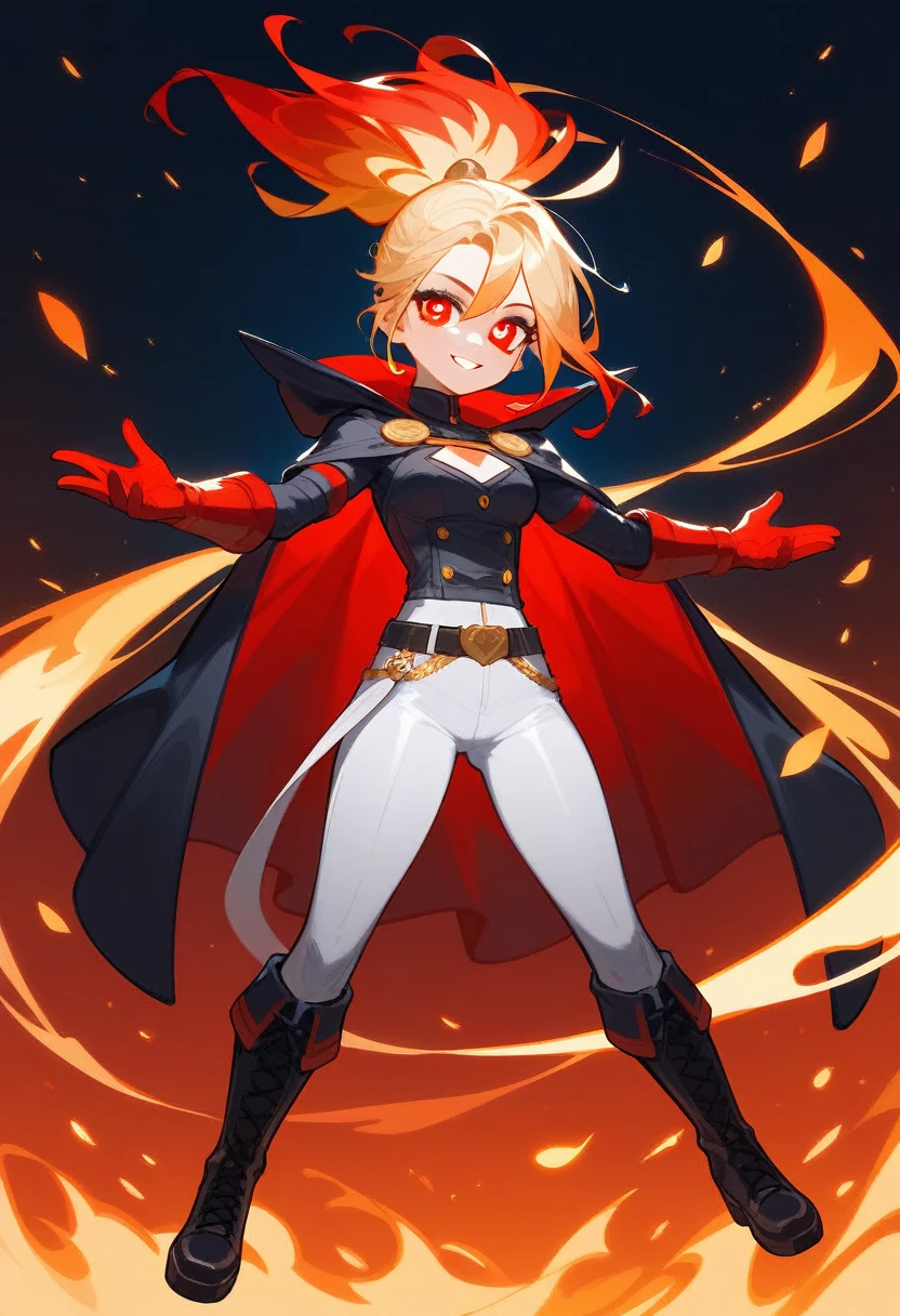Woman, 
Red eyes,
Flame-shaped pupils with a flickering inner light.
Red gradient hair fading to golden tips, tied in a sleek ponytail with two loose locks framing her face.
Chest Adornment : A stack of white feathers.
Top : Fitted, complements athletic build.
Waist : A belt accentuating her figure.
Tight white pants.
Black leg rings.
Long black boots.
Black and red gloves.
Cloak : Red with golden edges.

Personality and Background :

Confident, bold, and fiercely independent.
Leader with a compassionate heart and a deep sense of justice and spirit of a fighter
From a lineage of warriors, trained in combat and strategy.
Possesses fire manipulation abilities.
Motivated to protect her homeland and uphold her family's legacy.