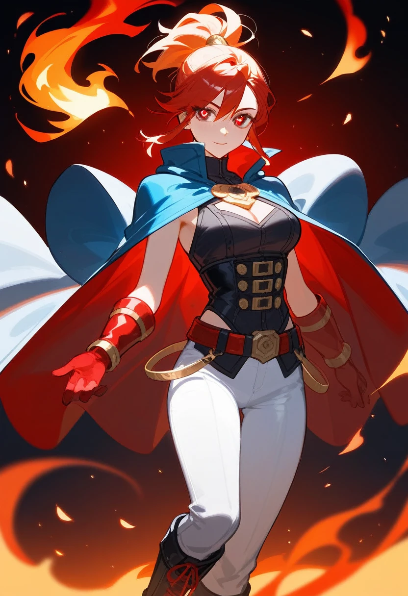 Woman,
Red eyes,
Flame-shaped pupils with a flickering inner light.
Red gradient hair fading to golden tips, tied in a sleek ponytail with two loose locks framing her face.
Chest Adornment : A stack of white feathers.
Top : Fitted, complements athletic build.
Waist : A belt accentuating her figure.
Tight white pants.
Black leg rings.
Long black boots.
Black and red gloves.
Cloak : Red with golden edges.
Personality and Background :
Confident, bold, and fiercely independent.
Leader with a compassionate heart and a deep sense of justice and spirit of a fighter
From a lineage of warriors, trained in combat and strategy.
Possesses fire manipulation abilities.
Motivated to protect her homeland and uphold her family's legacy.