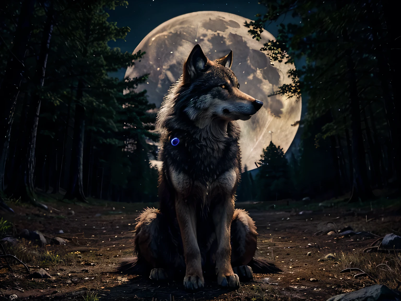 A professional oil painting of a majestic wolf in a dark, emotional forest, highly detailed, with deep, somber colors, a full moon, and mountains in the background