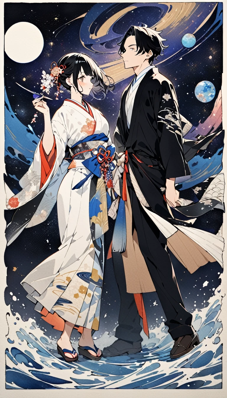 best quality, super fine, 16k, 2.5D, delicate and dynamic depiction, man and woman standing close together in harmony, so beautiful, attractive and seductive expression, detailed decorated background, elegant effects, fusion of watercolors and oil paintings, fusion of paper cutting and shadow puppetry, mix of monochrome and color, mix of Japanese painting, ukiyo-e and woodblock prints, ink, shading, gradation, artwork with vibrant colorful colors, detailed decorated backgrounds, wet in wet, water splash, Japanese paper quality, (background space galaxy:1.5)