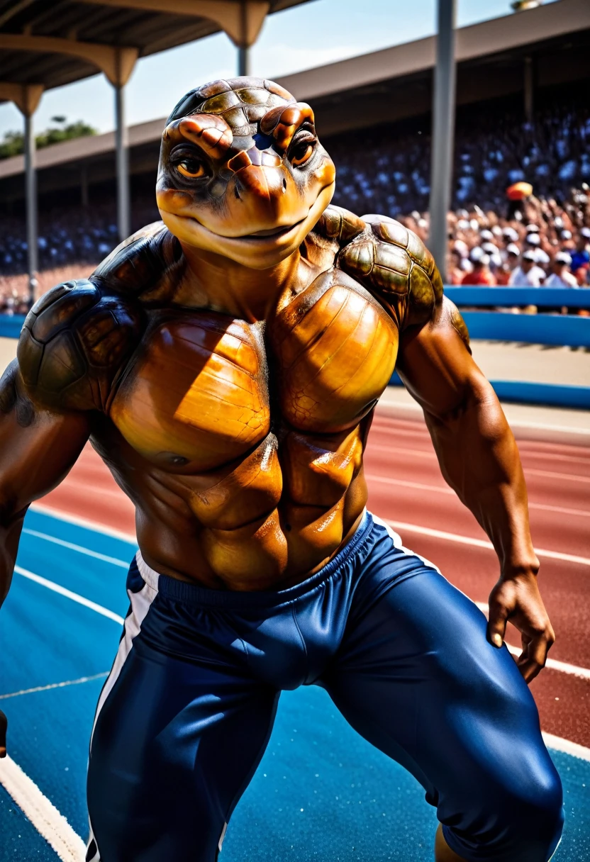 a close up shot on a ((anthmorph turtle: 1.5)) sprinter in a running lane getting ready to sprint in the Olympics, tense look, getting ready to sprint, (best detailed face: 1.3), lean muscled body, sweat beads on forehead, (wearing athletic shirt, pants and sneakers: 1.2), (anatomically correct: 1.4), (full body shot: 1.1) , vibrant, Ultra-high resolution, High Contrast, (masterpiece:1.5), highest quality, Best aesthetics), best details, best quality, highres, ultra wide angle, 16k, [ultra detailed], masterpiece, best quality, (extremely detailed), Cinematic Hollywood Film, Anthro... woman