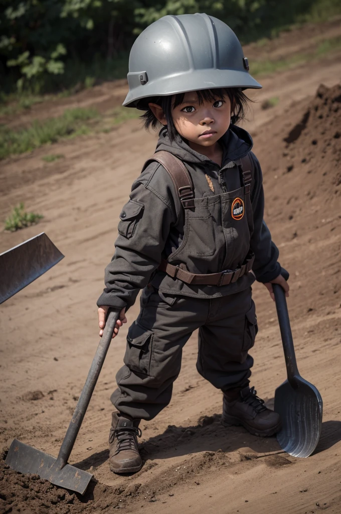 Um goblin, dark gray skin, miner outfit, and a shovel 