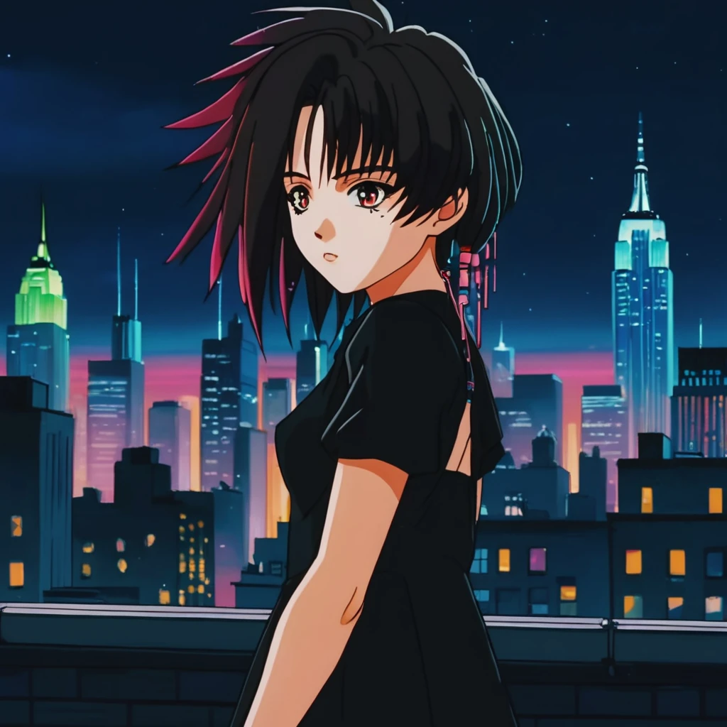 anime illustration portrait of an anime girl wearing a simple black dress on a rooftop in new york city on a beautiful night, close up, vivid colors, colorful color grading, volumetric lights
