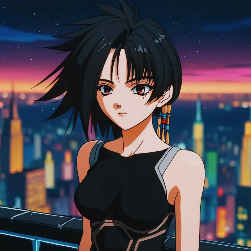 anime illustration portrait of an anime girl  wearing a simple black dress on a rooftop in  new york city on a beautiful night,  close up, vivid colors, colorful color grading, volumetric lights