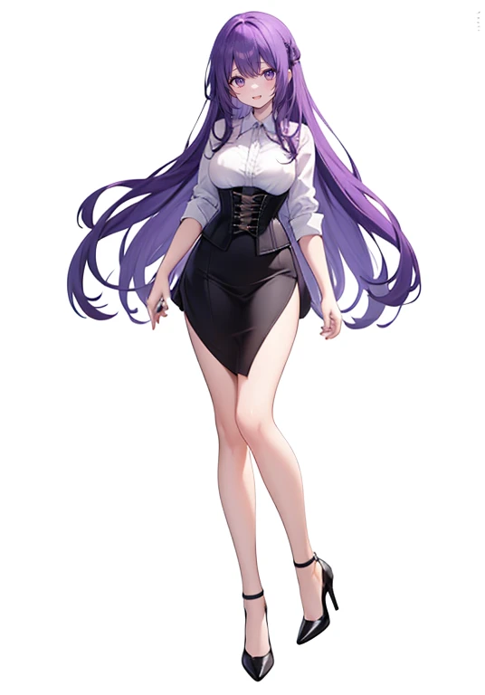 Purple hair,voluminous long hair,Adult female,((Roll up your sleeves)),(Corset),(Tight skirt),(high heels),((Simple White background)),Smile,((Full body)),((whole body))