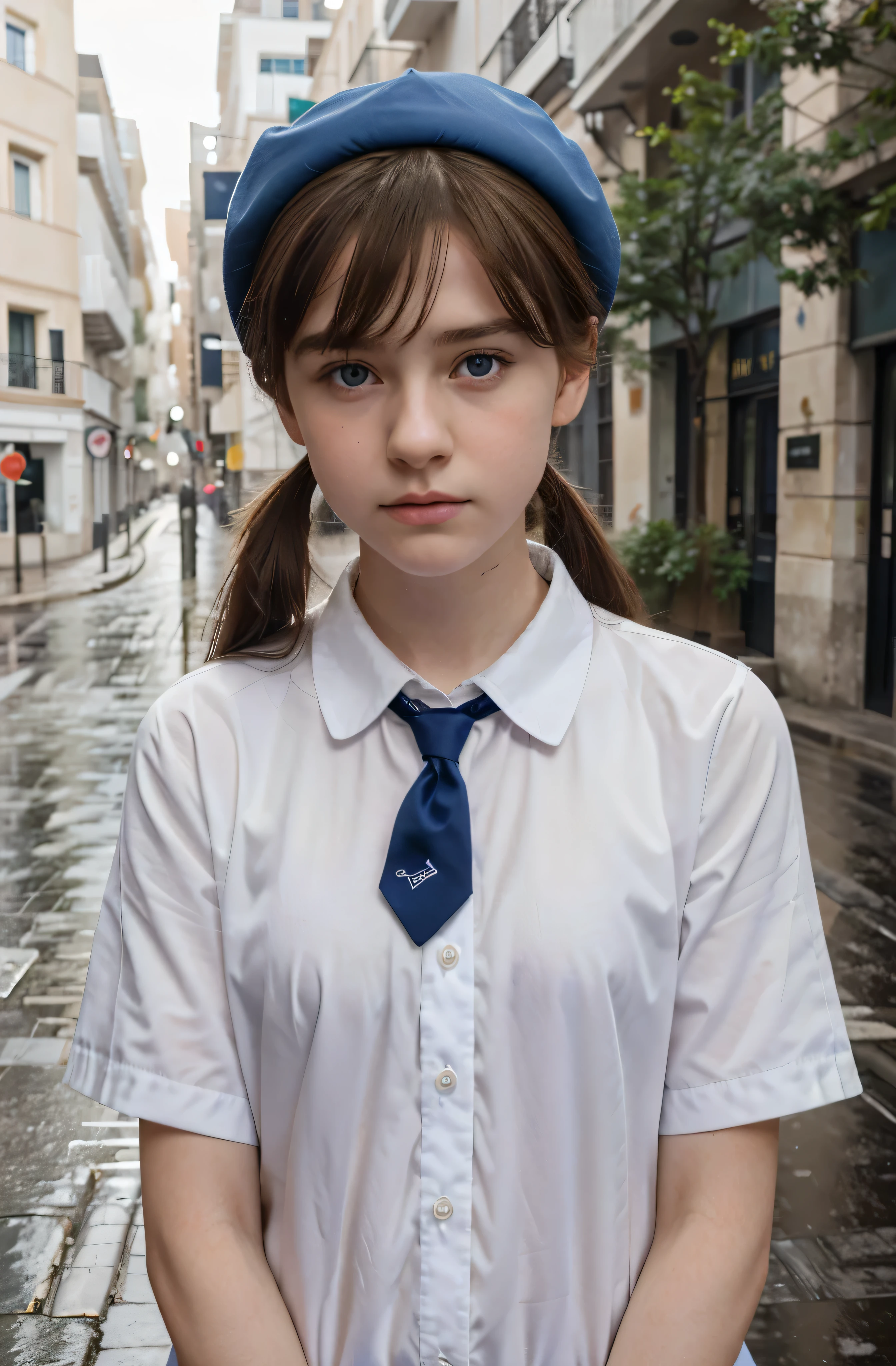 (best quality,hyper-realistic,ultra-detailed,8k), teenager, , shy, sad, paleness, big blue eyes, very white skin, small nose, brown hair with bangs, melancholy, delicate, feminine, skinny, elegant school catholic uniform, french pink Beret, red tie, empty street, brilliant day, rain, Madrid, two short ponytails.